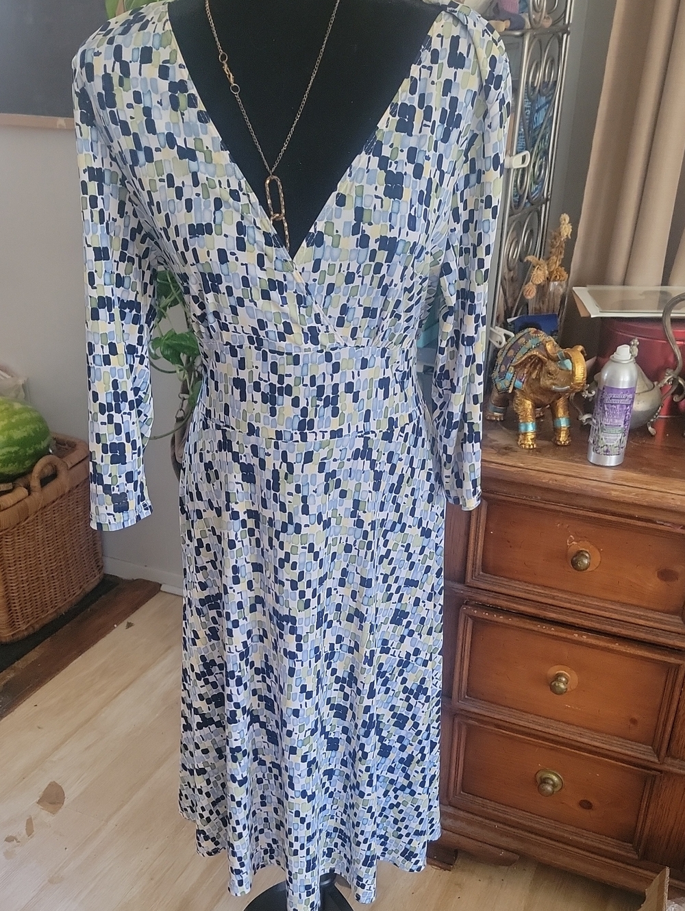 Monroe & Main Blue and White Geometric Wrap-Style Midi Dress